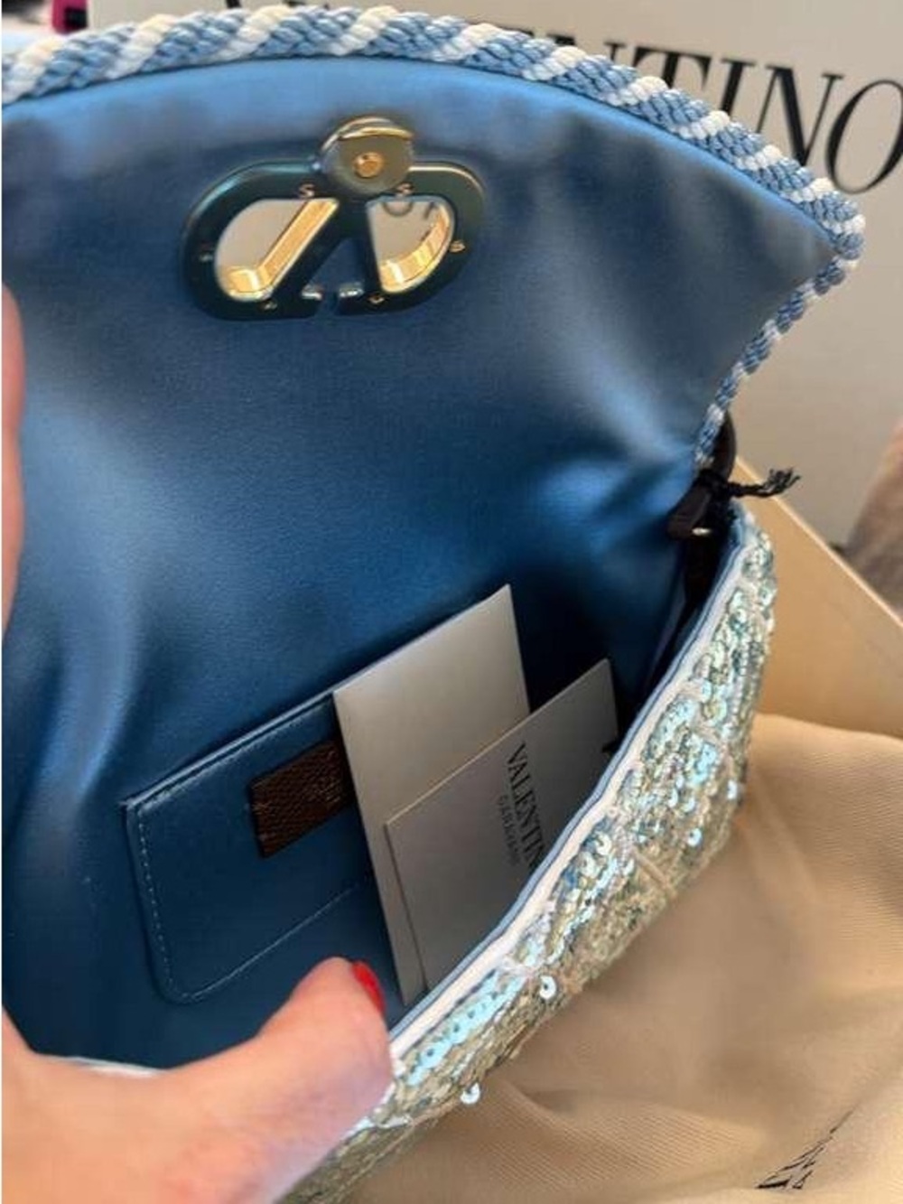 Valentino Garavani Light Blue Sequin Quilted Clutch with Gold Logo - Picture 3 of 5
